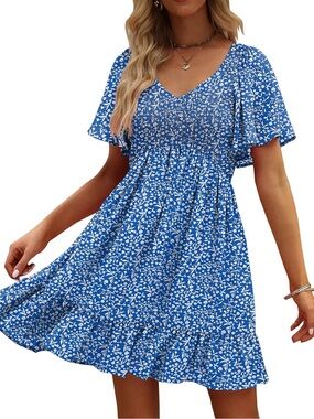 UEAL Blue Floral Smocked V Neck Flutter Sleeve Sundress in Size Medium - C3-218